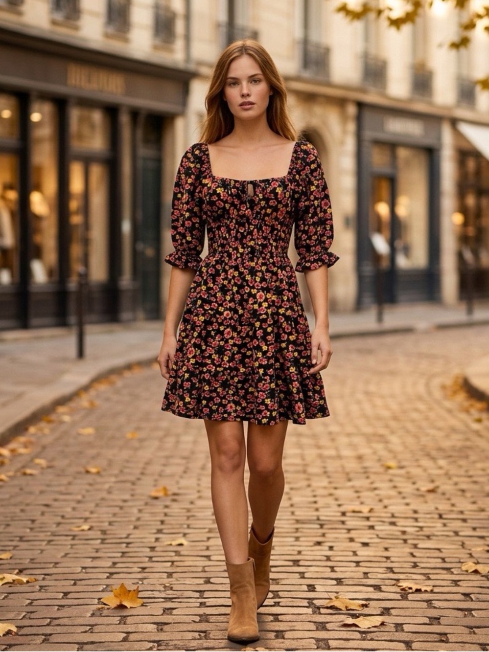 Liberty Love Floral Smocked Mini Dress XS Black Puff Sleeve Cottagecore